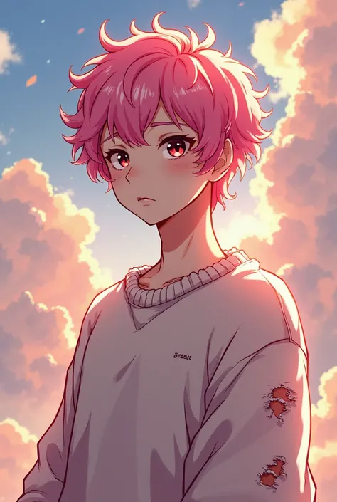 male
jpop idol 
 
short pink curly hair 
small and skinny ( 59)
looks and sounds feminine
Torn sweater

My hero academia anime style 