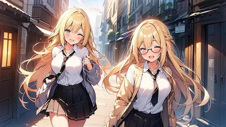 (Masterpiece, Top quality:1.5), (1 beautiful girl, solo), walking, Blonde hair:1.2, Long Hair, blonde:1.2, Braided hair, Wavy Hair, (Black glasses:1.1), (large breasts:1.2), (short height:1.3), standard weight, (cardigan, white shirt, black pleated skirt, ...