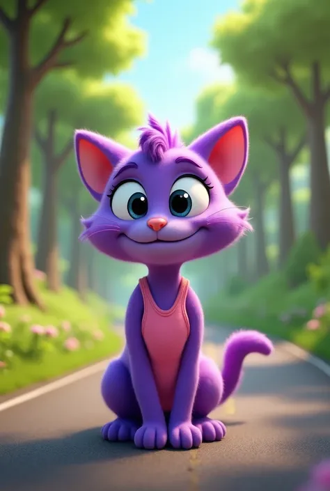 a 3D rendering of a cartoon cat with purple hair and big, round eyes. The cat is wearing a pink tank top and is standing on a road with trees in the background. 