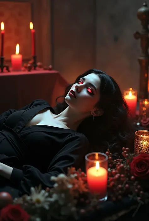  half vampire half witch very beautiful in black outfit, red bright pupils,lies beautifully on the altar , there are candles on the tables around 