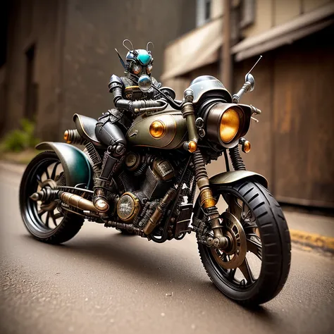 motorcycle that is sitting in road, steampunk robot grasshopper, made from mechanical parts, steampunk insect, diorama macro photography, steampunk motorcycle, steampunk stag beetle, beetle-inspired, really close - up shot, steampunk robot scorpion, miniat...