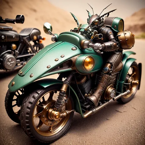 motorcycle that is sitting in road, steampunk robot grasshopper, made from mechanical parts, steampunk insect, diorama macro photography, steampunk motorcycle, steampunk stag beetle, beetle-inspired, really close - up shot, steampunk robot scorpion, miniat...