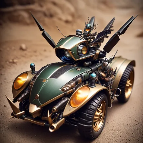 motorcycle that is sitting in road, steampunk robot grasshopper, made from mechanical parts, steampunk insect, diorama macro photography, steampunk motorcycle, steampunk stag beetle, beetle-inspired, really close - up shot, steampunk robot scorpion, miniat...