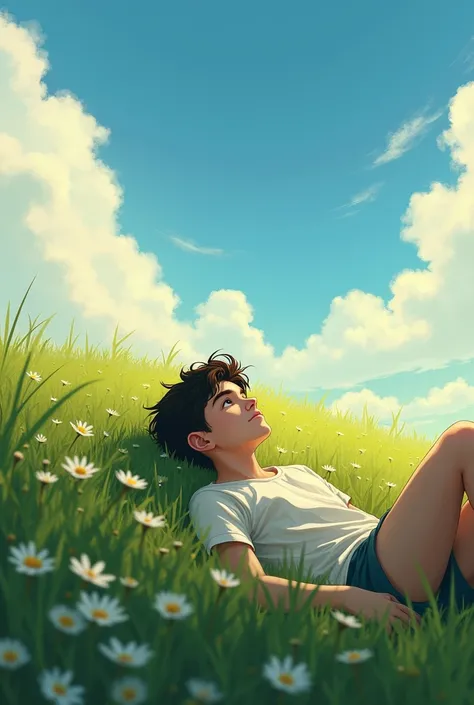 boy laying on the grass looking to the sky and thinking about his future wife