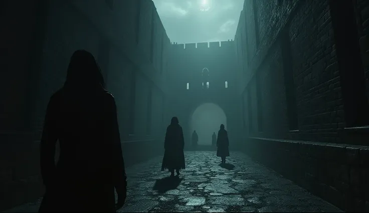 Inside the fort, shadows and silhouettes of people can be seen in the distance. The travelers, now scared, hear distant whispers and screams. One of them looks back, but all they see is an empty, dark corridor.*