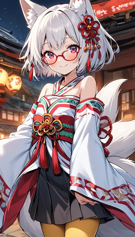 White fox girl,One Girl,thin body type,Flat Chest,Vermilion and madder colored odd eyes,Red-rimmed glasses,Happy smile,fun,Short Hair,Bobcut,前髪に1 bottleのメッシュ,fox ears,Shrine maiden costume,Short black skirt,Fox Tail,1 bottle,Deep golden yellow tights,Focus...