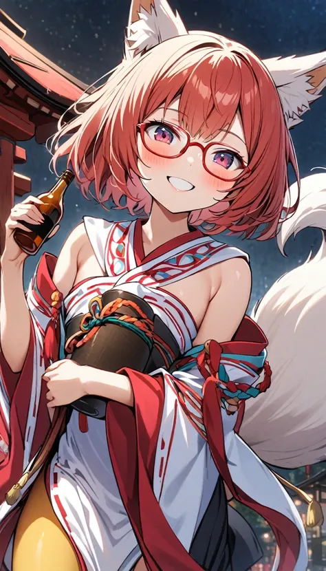 White fox girl,One Girl,thin body type,Flat Chest,Vermilion and madder colored odd eyes,Red-rimmed glasses,Happy smile,fun,Short Hair,Bobcut,前髪に1 bottleのメッシュ,fox ears,Shrine maiden costume,Short black skirt,Fox Tail,1 bottle,Deep golden yellow tights,Focus...