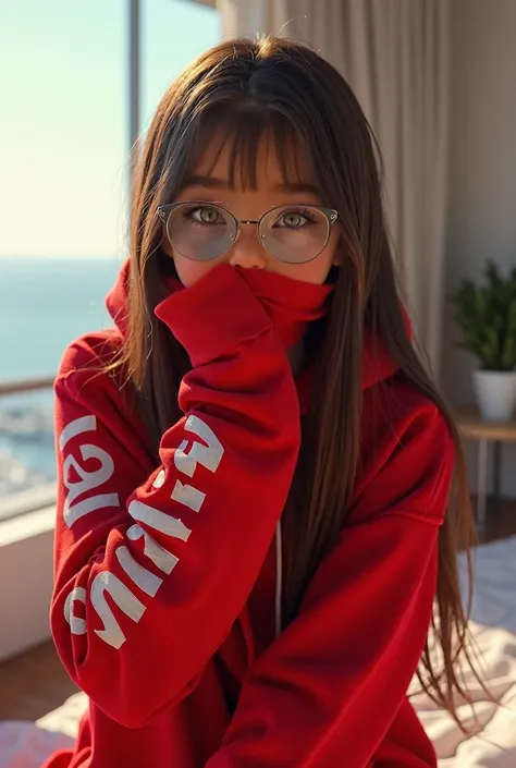 A mesmerizing surreal portrait of a young girl named Vitoria Lessi, with long, brown hair parted in the middle and expressive brown eyes. She dons adorable glasses and a striking red hoodie with her name emblazoned on the sleeve. Playfully covering her mou...