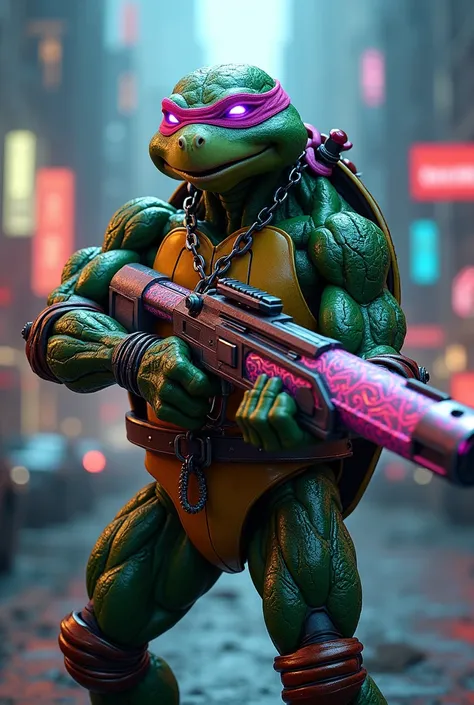 Ninja Turtle combined with robot cyber punk weapon and neon cyber punk clothing combined with a dragon 