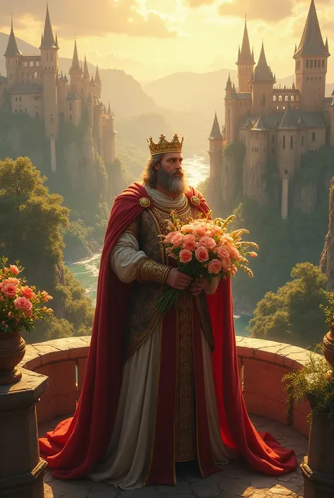 Visualize a grand, medieval kingdom with towering castles, lush forests, and sparkling rivers. In the center, a majestic king stands tall on a palace balcony overlooking his realm. He’s dressed in royal attire with a gold crown, holding a bouquet of radian...