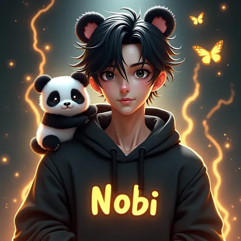 a young man with a fade hair, flowing black and white hair and bright black eyes. He is wearing a BLACK hoodie with panda ears, and a small, adorable panda is perched on her shoulder. The image is set against a dark background with streaks of Gold with but...