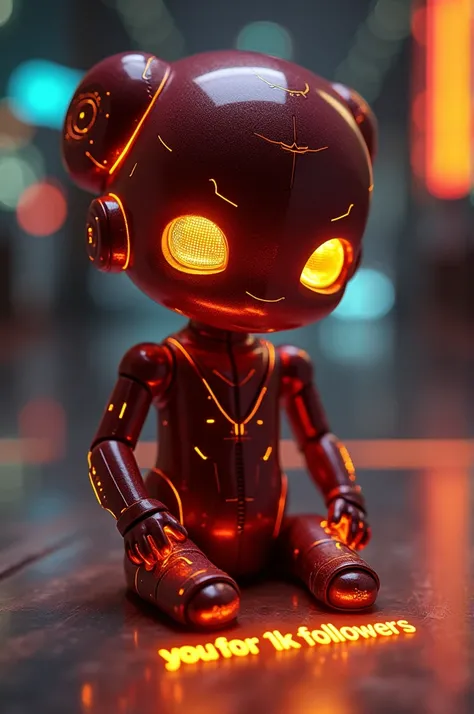 Create a futuristic art of a doll with a deep maroon body. The doll should have sleek, modern design elements, with metallic textures. The doll should have a glowing golden effect around it, especially on the eyes, hands, and background, giving it an ether...