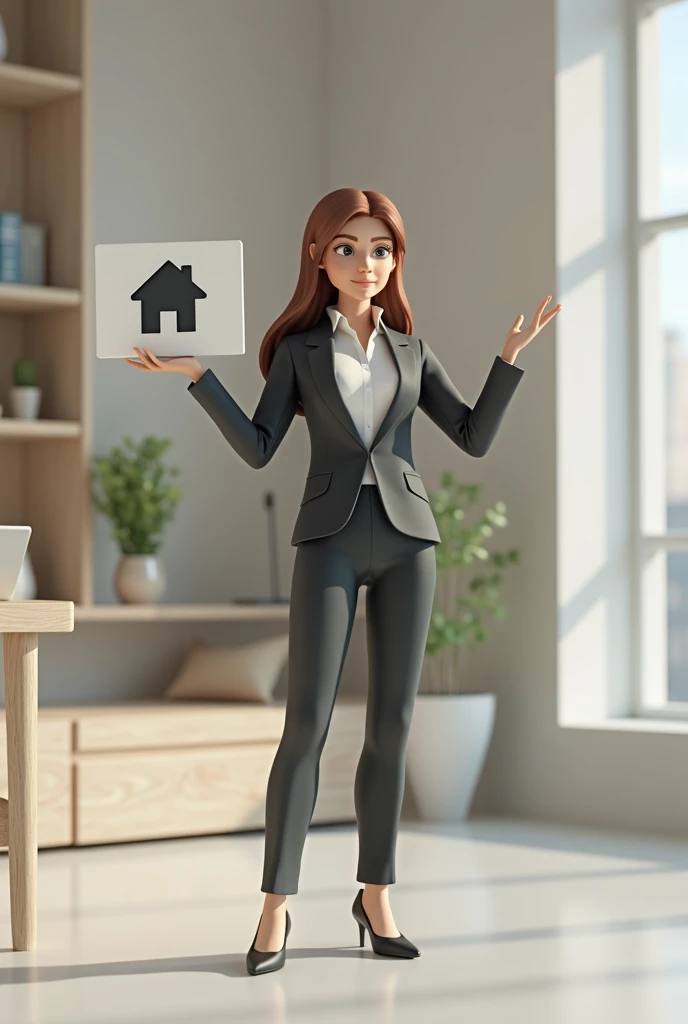 3D artist of A professional girl standing with having home loan symbol in her hand 
