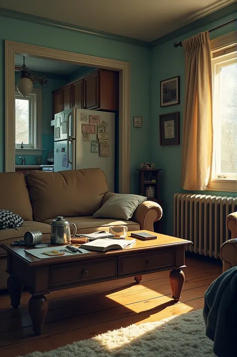 A modest living room in Adrian’s house, with a cluttered coffee table and a worn couch. A small kitchen is visible in the background. The atmosphere feels tense, with bills magnet to the ref