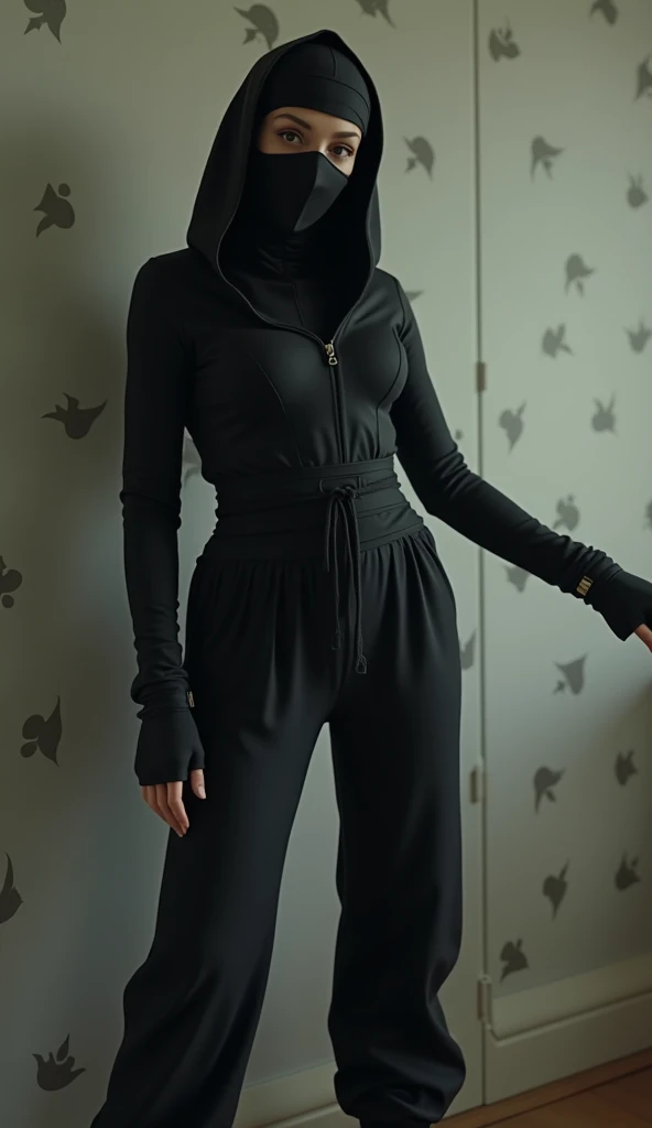 Uma  Ninja, (((realistic black ninja suit))), (ninja mask), (full combination), hood, mature, stand up, makeup, (outstretched arm), (open fingers))) Lips are soft or colored, light, low-contrast, simple wallpaper background, simple silhouettes, Line art, m...