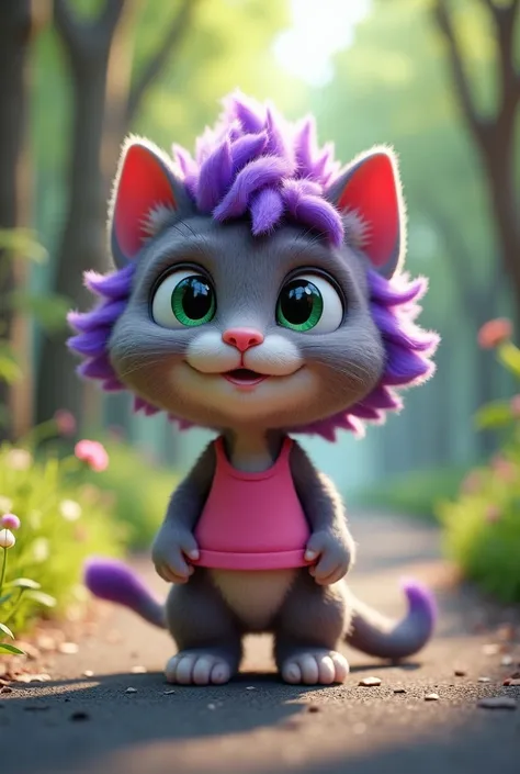 a 3D rendering of a  cat with purple hair and big, round eyes. The cat is wearing a pink tank top and is standing on a road with trees in the background. 