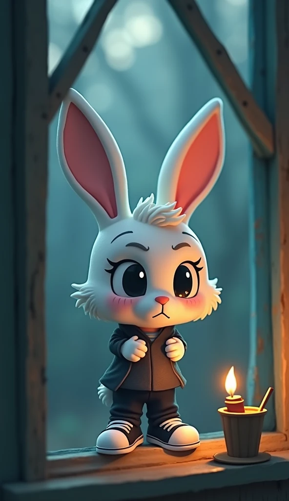 Bunny rabbit on torch in our window side home cartoon character around face big large expensive eyes beautician black pant black sneakers usne Apne Ghar per torch jalaya khidki ke pass darte hue serious face scary face