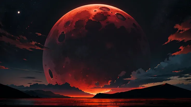 "A dark, otherworldly landscape is dominated by a towering black mountains, sharply outlined against an enormous, glowing blood-red moon. The moon casts a haunting crimson light across the sky, while swirling dark clouds drift ominously around it, creating...