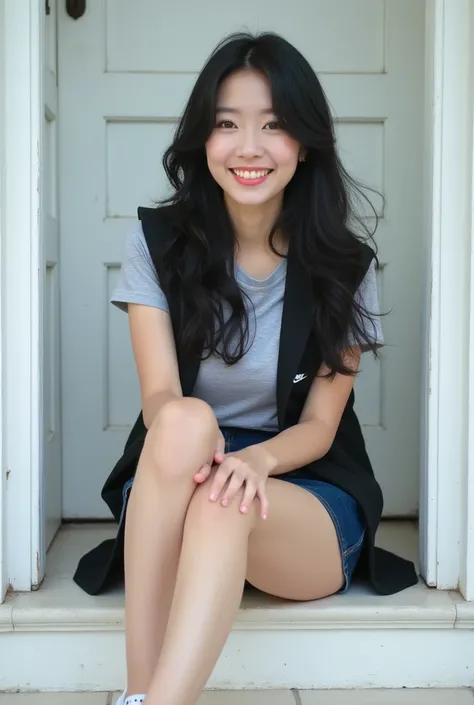 "K-pop style women&#39;Realistic image、Korean Beauty, length, ウェーブのかかったBlack Hair. Photo taken in front of the entrance、The entrance is a white door、She is sitting on the front steps&#39;head、Laugh a little、She is wearing a grey short-sleeved shirt and a b...