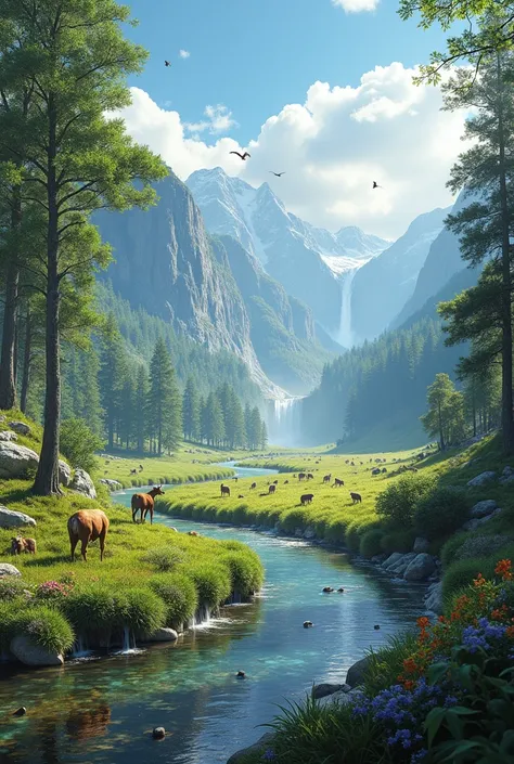 Write a hyper-realistic landscape wild nature in the background forest trees oaks spruce green meadow with grass nearby a river flows in the distance a waterfall and high cliffs are visible and also nearby live wild animals and birds fish swim in the river...