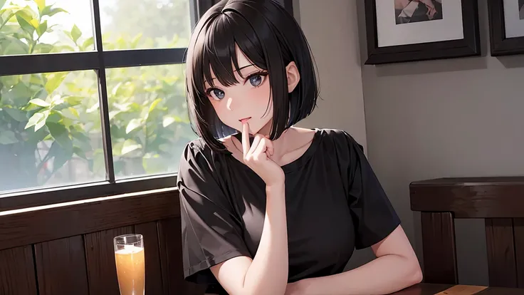 ((Best Quality、High resolution))、(((One girl))), Upper Body、Beautiful woman、Alone、Black Hair、Long bob cut、Mouth open in surprise、Black Y-shirt、Short sleeve、sit、dining