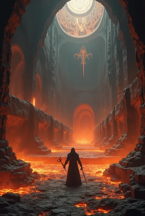 A massive underground arena, lit by glowing lava streams flowing beneath stone platforms. Dante, the central figure, wields dark magic with swirling shadows around him. The scene is both ancient and futuristic, with shadowy forges crafting mysterious weapo...