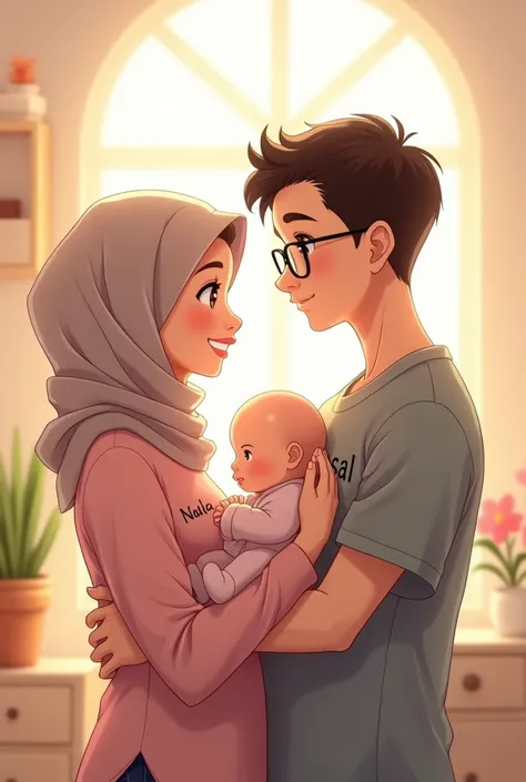 I want a cute Muslim couple anime with the word nadia printed on girls shirt and word faisal printed on boys shirt and they have their cute baby girl