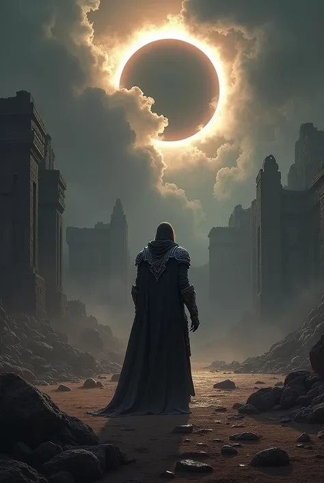 A battle arena set during an eclipse, where the sun is half-shadowed, casting the battlefield in a haunting glow. Dante, wearing sleek battle armor, stands amidst a war-torn arena filled with ruins. Shadows stretch across the ground, with dark energy pulsi...