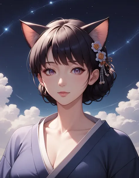 anime cat girl wearing cat ears kimono, looking over your shoulder, anime drawing by yang j, pixiv contest winner, serial art, デ...