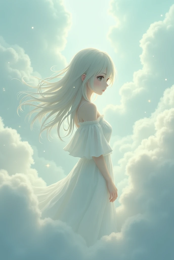 

 imagining how she would look like. the anime girl is appearing facing backward in the clouds unclear