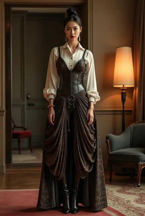 a beautiful mature chinese woman, dark makeup, red lipstick, bun hairstyle, harem shalwar, printed harem salwar, balloony harem salwar, intricate pleats details in harem salwar, plain shirt tucked in, corset, high heel boots, tall boots, gentle lighting, i...