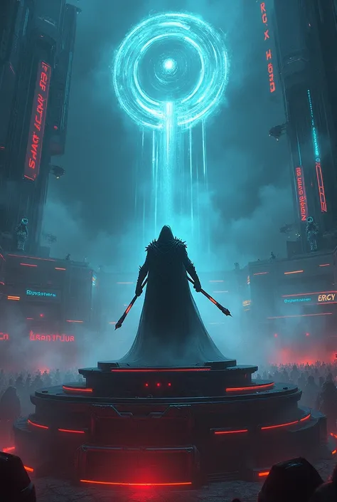 A futuristic arena with neon-lit structures and holographic displays showing Dante’s past victories. Dante stands atop a massive platform, shrouded in shadows, holding energy weapons. The sky above is filled with swirling shadow portals, and mysterious fig...