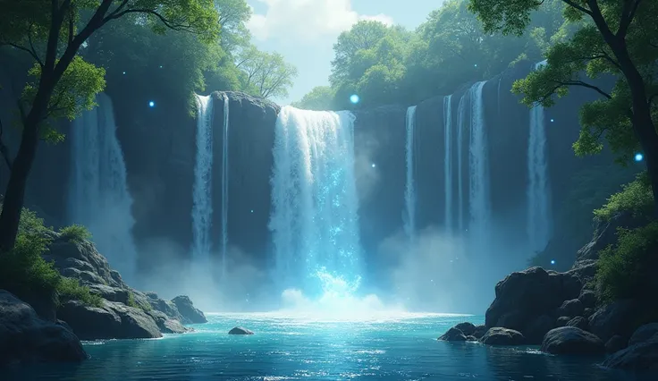 Divine waterfall with several lights floating, the image must look even more divine, so beautiful it doesn&#39;t seem real.