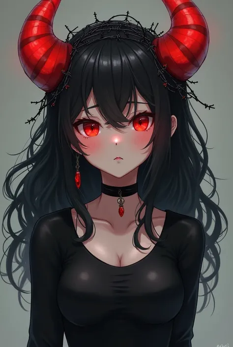 Anime  girl with red horns, black wavy hair woth bardwire headress wrap around head. black top tub small chest not that revealing with sleeve. 