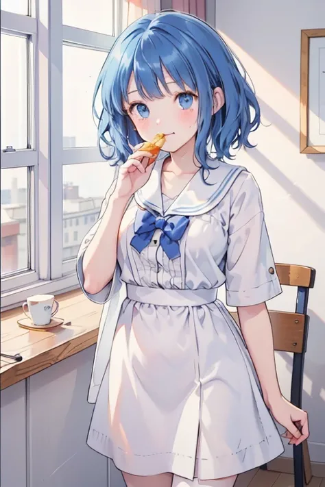 (((beautiful detailed)))(cute face:1.2)1girl, A girl stuffing her face with french fries, Girl crying while eating a pile of french fries, Inside a 2000s-style diner, 1950s-style interior, light Navy blue hair, blue eyes, A short-sleeved white shirt with f...