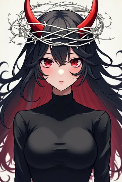 Anime  girl with red horns, black wavy hair with white bardwire headress wrap around head. black top tub small chest not that revealing with long sleeve. 