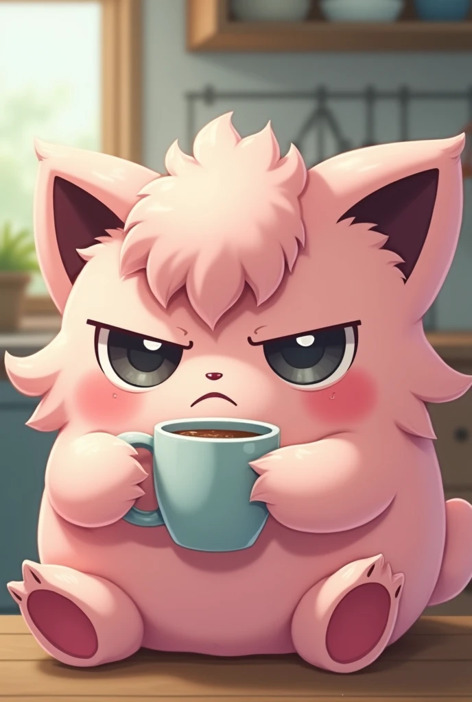 Kawaii cute jigglypuff as a morning grouch with coffee