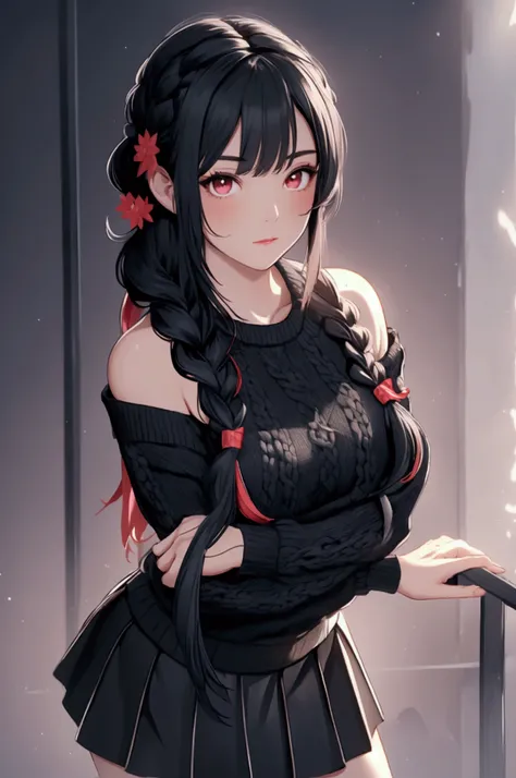 1girl, breasts, solo, large_breasts, sweater, skirt, braid, black_hair, looking_at_viewer, blush, v-shaped_eyebrows, black_skirt, long_hair, closed_mouth, bangs, red_eyes, hair_over_shoulder, pencil_skirt, leaning_forward, single_braid, 