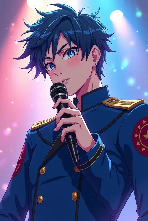 male,
jpop idol 
 
short rainbow levi Ackerman hair,
small and skinny ( 59,
Blue Sequin military outfit
Holding a  microphone 

My hero academia anime style 