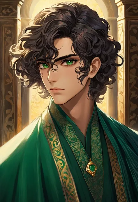 (masterpiece),(highest quality),highres, (extremely detailed), anime guy, 1boy, long-lashed eyes, dollish eyelashes, middle-eastern complexion,  sassanid fahion, sassanian fashion,  portrait, pensive, handsome persian man, glowing emerald eyes, marcel wave...