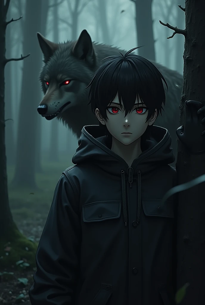 1 the young man, 1 gray vocal,the young man: Black hair, Red Eyes,short hair,in black gloves,in a raincoat, wearing a hood,смотрет на wolfа,  wolf:  bares teeth,looks at the young man,you can&#39;t see the face. Terrain: are in the forest, mood: the young ...