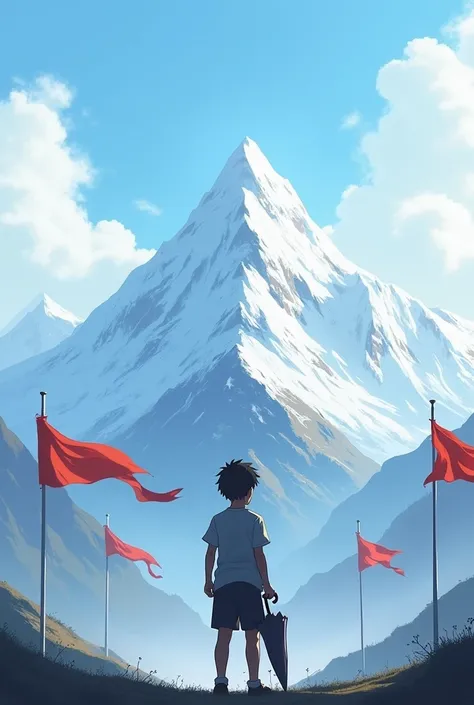 A boy holding closed umbrella faces mountains and pictures must back side of him. And some flags must be there 