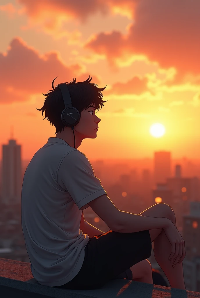  male white skin with black hair sitting on a roof facing the sunset with headphones on
