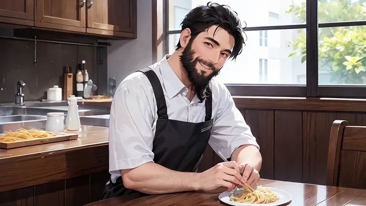 ((Best Quality、High resolution))、Middle-aged men、Alone、1 person、beard、Short Hair、Black Hair、White work shirt、Black apron、smile、Short sleeve、sit、dining、pasta