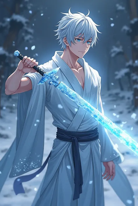 Silver haori covered with fine ice crystals, reflects light in a cool and dim way..A transparent crystal sword that emits cold steam with every strike..Shiny silver hair, ice blue eyes, cool and smooth skin..A tall boy with a thin but strong body..Ring wit...