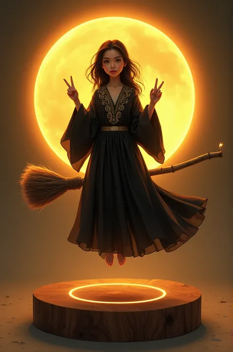 levitating artwork of a witch sitting on a broom, realistic face, beauty face, enchanting, shown in illustration, stunning detail. Smiling Indonesian girl aged 10 yo, wearing a long black robe, with a love sign hand pose, embossed with a luxurious & gracef...