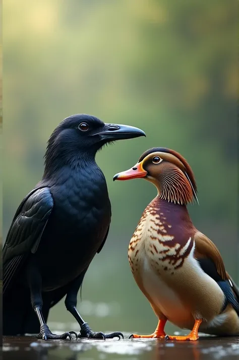 Crow and  duck sitting face to face hyper realistic 