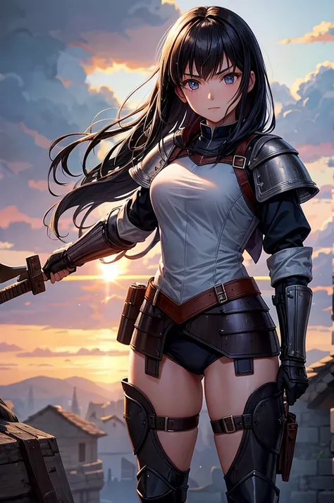 Best image quality, castle town, Female soldier, Black Hair, armor, underwear, Gaze Here, middle ages