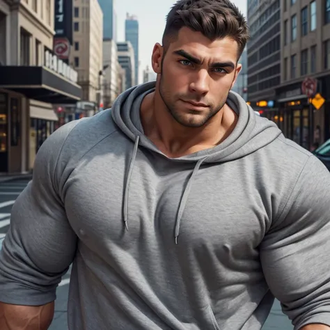 hyper muscles, large muscles, muscular, a very handsome young man, big eyes, wearing a gray sweatshirt, very muscular, a city, c...