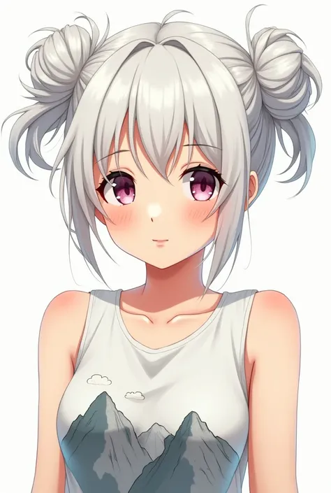 Anime girl White hair with curtain bangs has messy pigtails tied in bun up. With white sleevless top that has mountain view drawing. 
